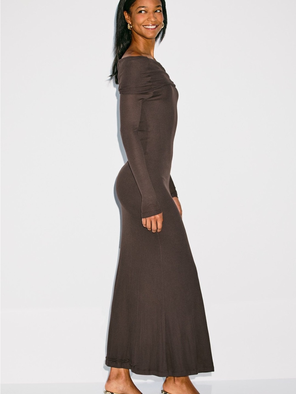 Off-Shoulder Long Sleeve Maxi Dress in Dark Brown - Picture 2 of 9